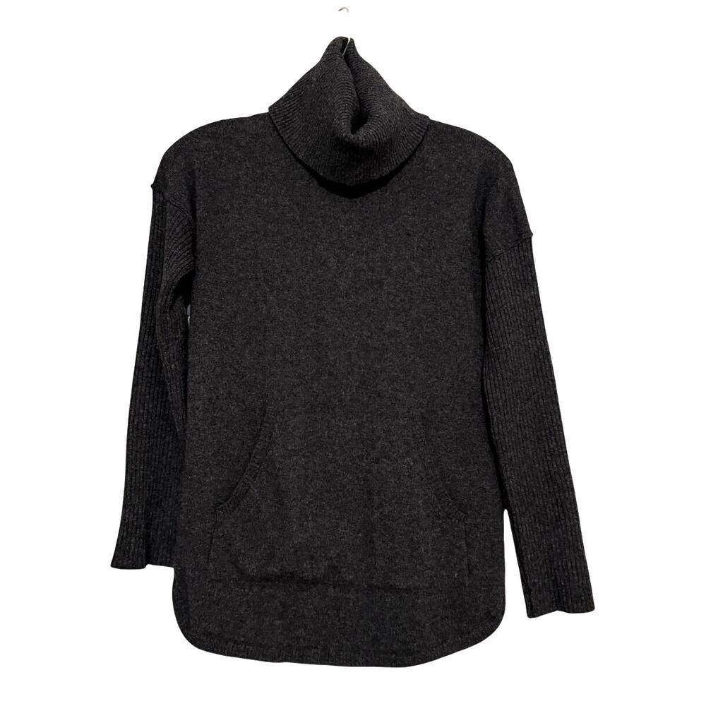 Cynthia Roswell 2 Ply Cashmere Dark Gray Kangaroo Pouch Tunic Turtleneck Small